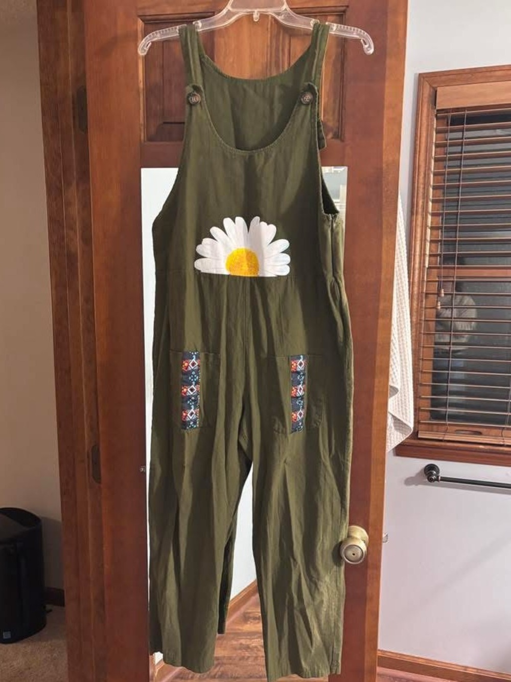 Olive Green Daisy Applique Utility Jumpsuit
